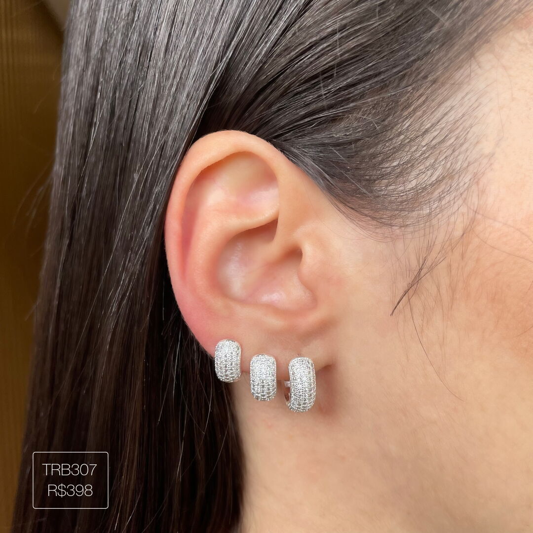 Trio de Argola 5 Carreiras Zirconia Luxo Cristal Prateado